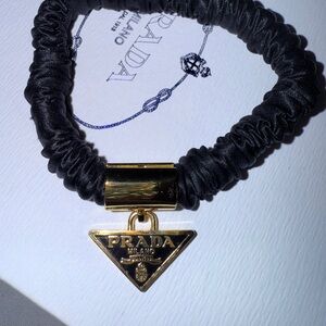 Prada Beauty Black Scrunchie with Gold Logo Charm